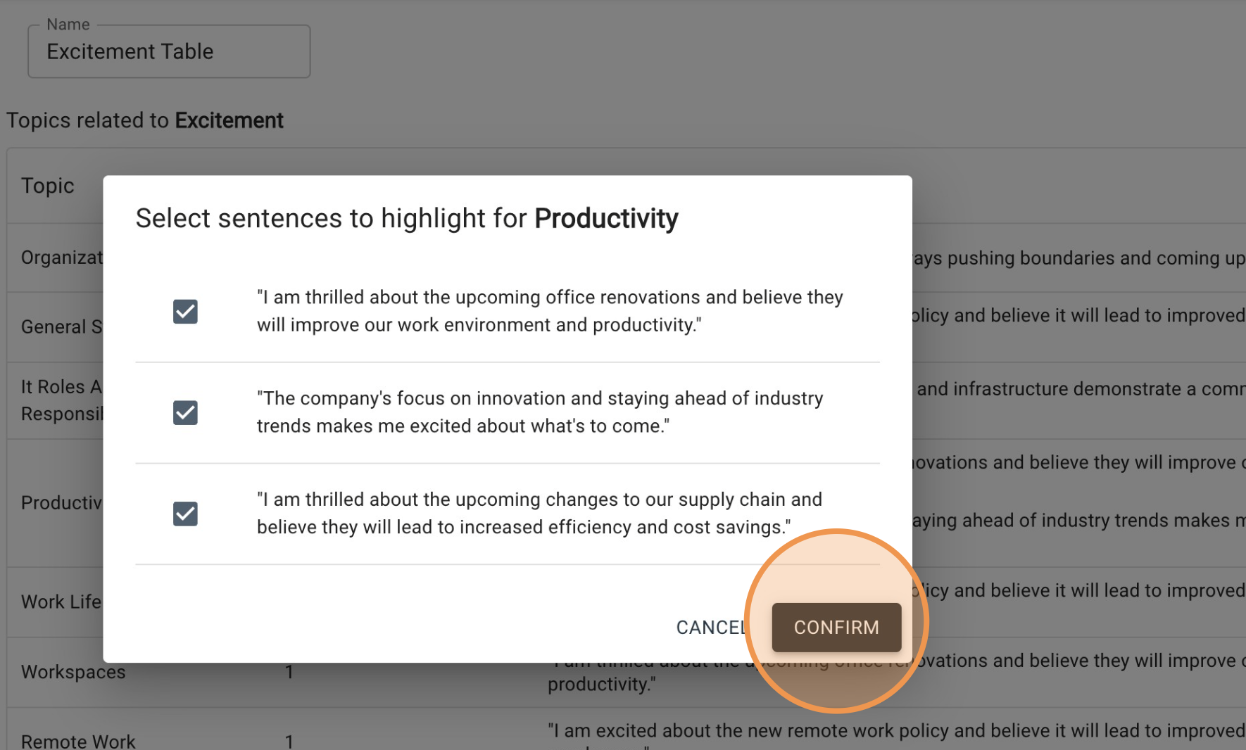 confirm sentence highlights